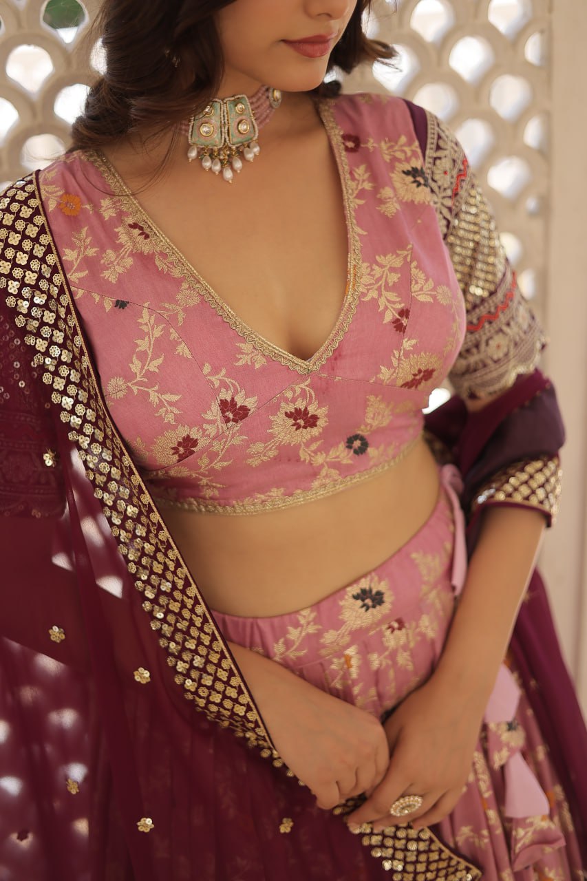 Lorenvalley Pink Pure Viscose Jacquard with 2D Dyeing and Embroidered Sequins work Lehenga Choli | Swadesiicart