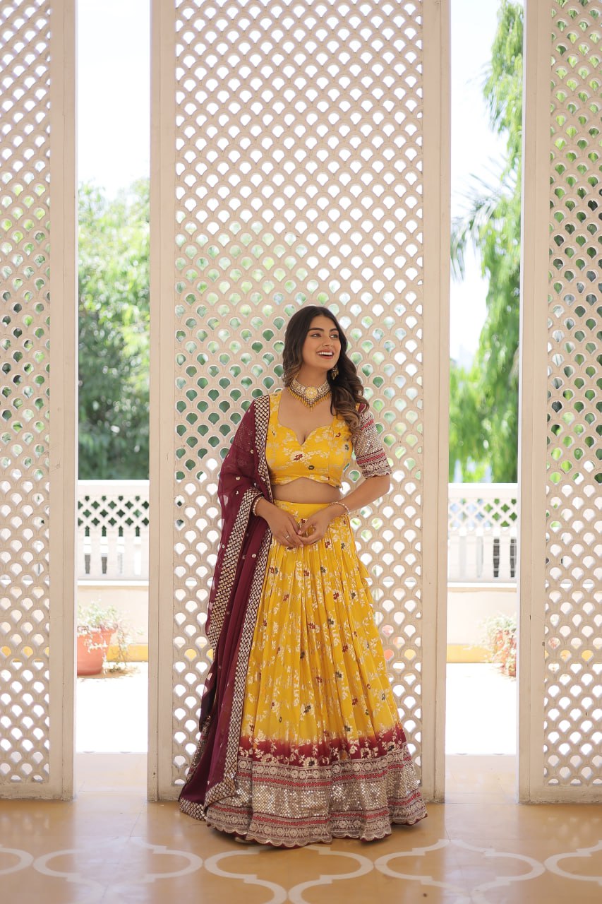 Lorenvalley Yellow Pure Viscose Jacquard with 2D Dyeing and Embroidered Sequins work Lehenga Choli | Swadesiicart