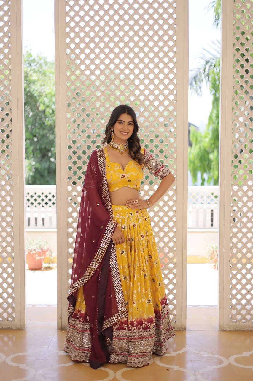 Lorenvalley Yellow Pure Viscose Jacquard with 2D Dyeing and Embroidered Sequins work Lehenga Choli | Swadesiicart