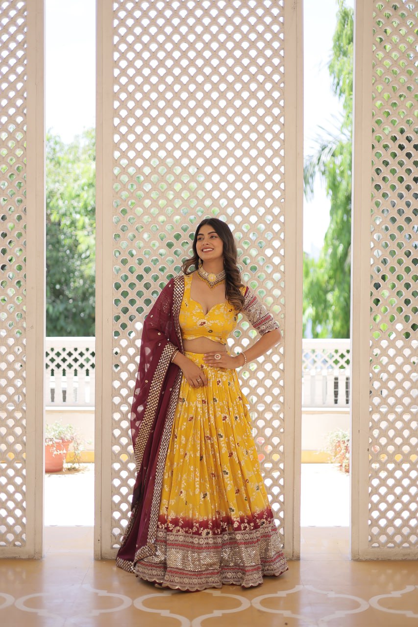 Lorenvalley Yellow Pure Viscose Jacquard with 2D Dyeing and Embroidered Sequins work Lehenga Choli | Swadesiicart