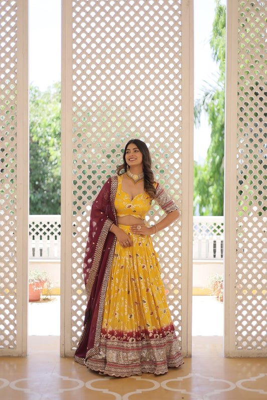 Lorenvalley Yellow Pure Viscose Jacquard with 2D Dyeing and Embroidered Sequins work Lehenga Choli | Swadesiicart