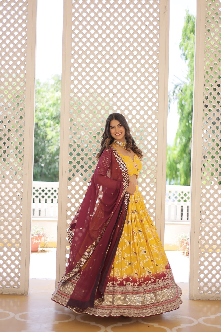 Lorenvalley Yellow Pure Viscose Jacquard with 2D Dyeing and Embroidered Sequins work Lehenga Choli | Swadesiicart