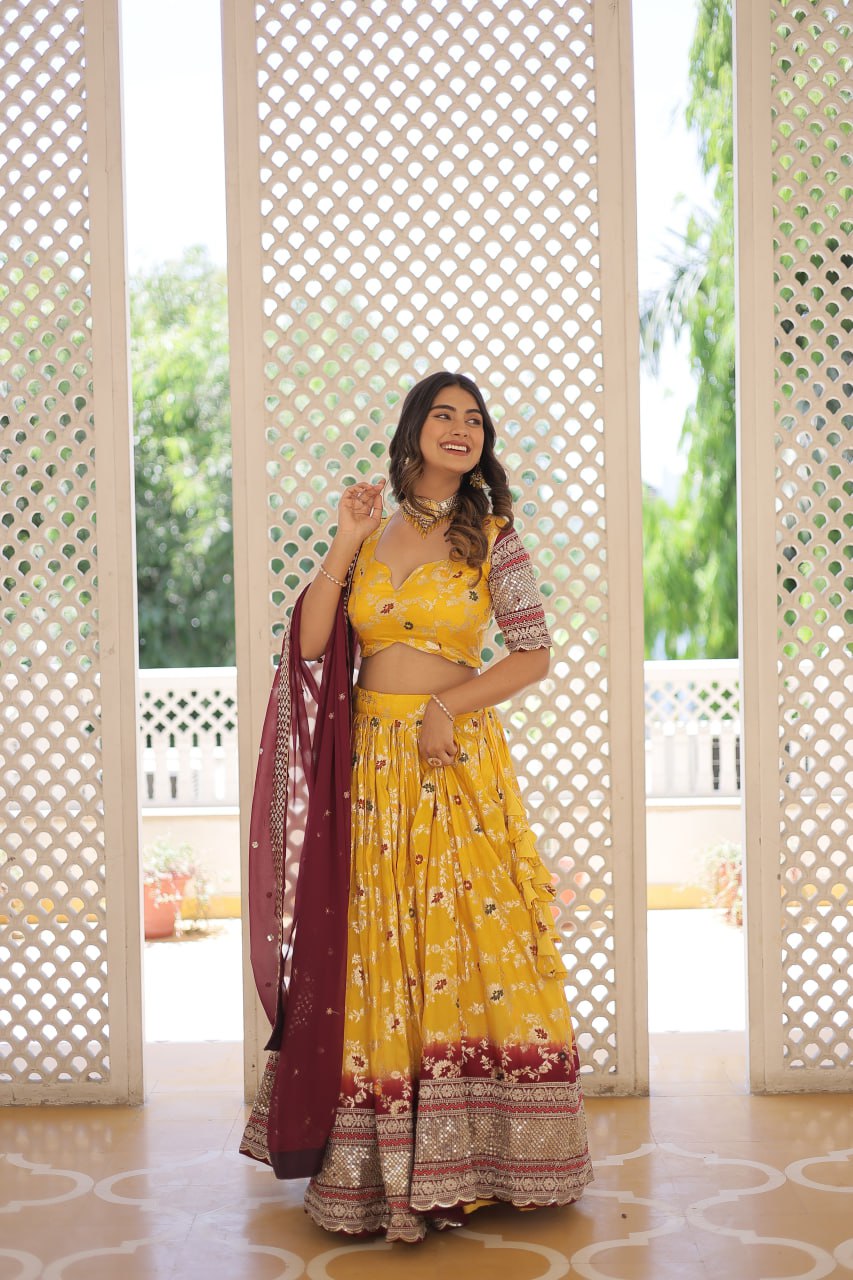 Lorenvalley Yellow Pure Viscose Jacquard with 2D Dyeing and Embroidered Sequins work Lehenga Choli | Swadesiicart