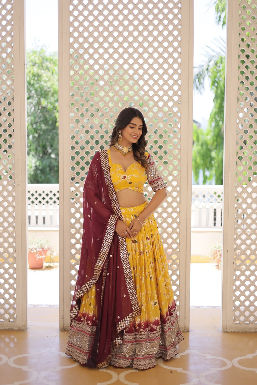 Lorenvalley Yellow Pure Viscose Jacquard with 2D Dyeing and Embroidered Sequins work Lehenga Choli | Swadesiicart