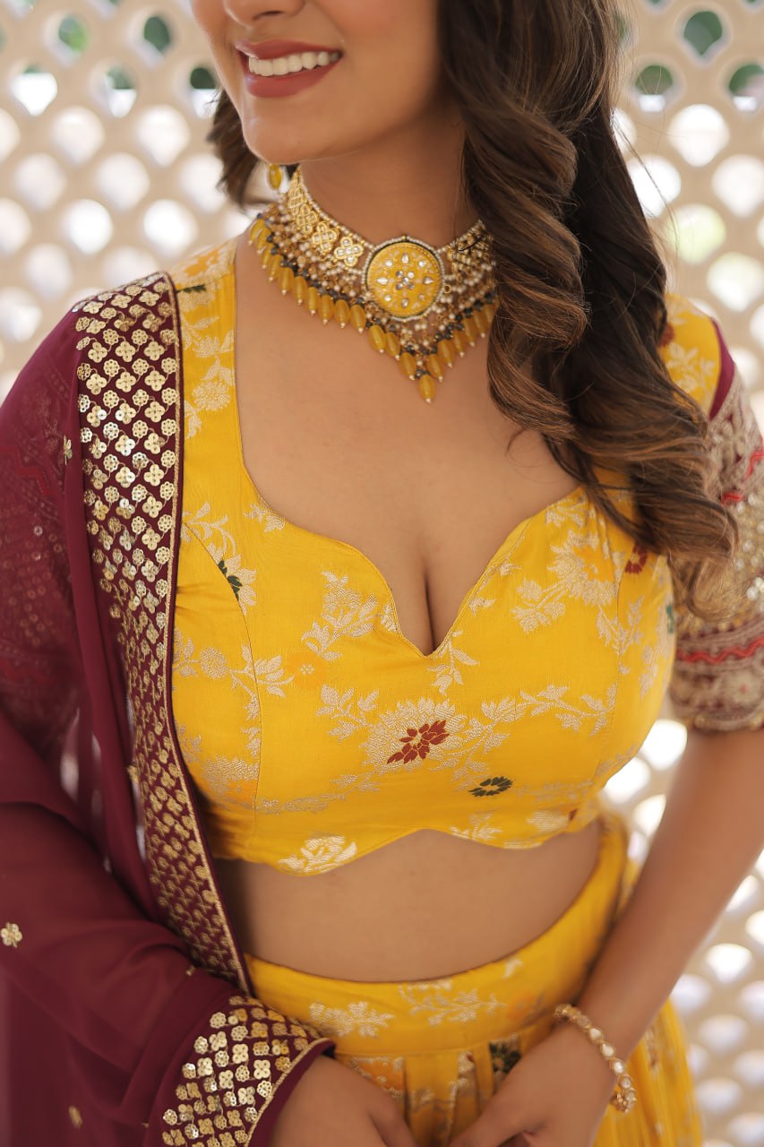 Lorenvalley Yellow Pure Viscose Jacquard with 2D Dyeing and Embroidered Sequins work Lehenga Choli | Swadesiicart