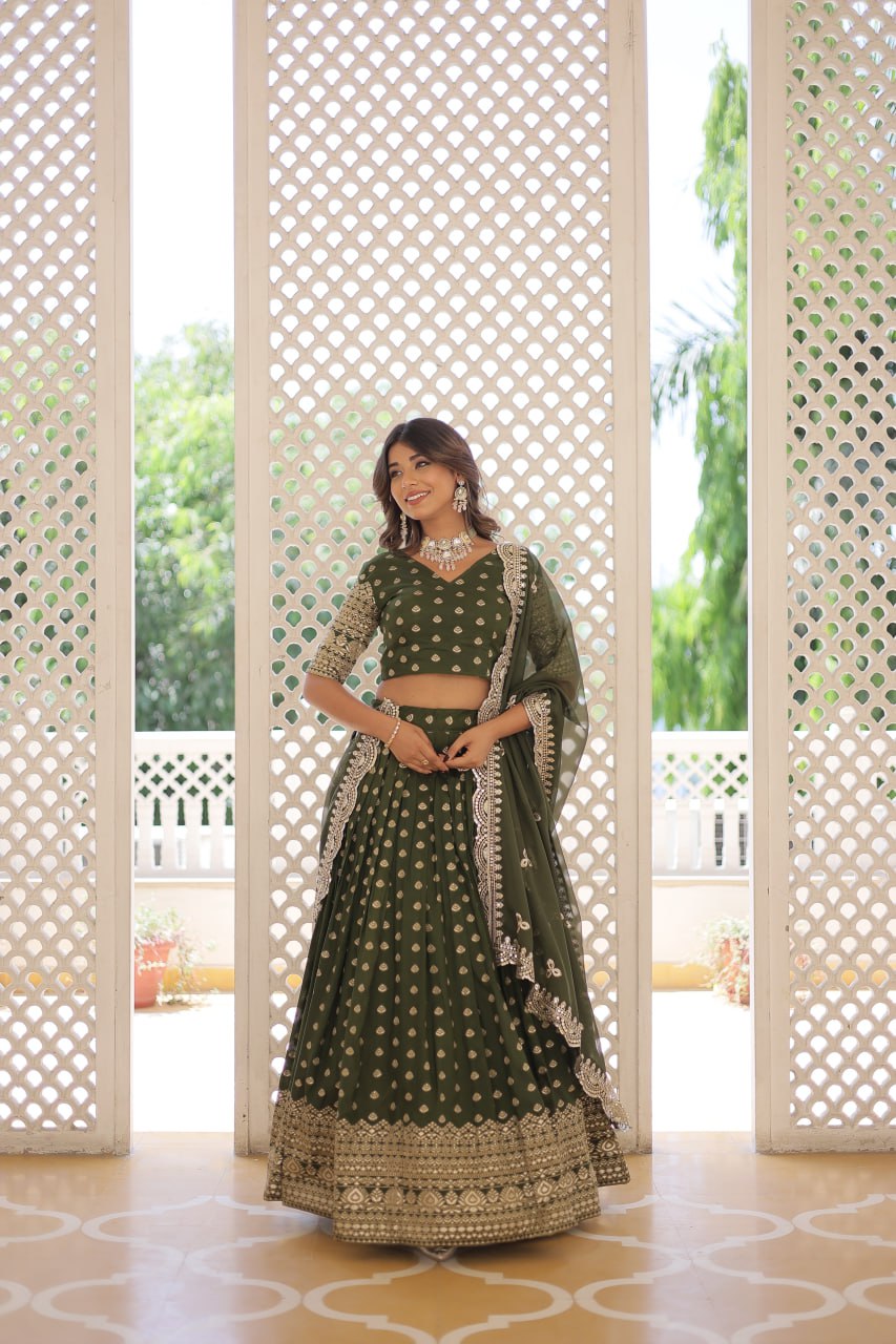 Lorenvalley Green Pure Viscose Jacquard with Double Zari work Lehenga Choli | Swadesiicart