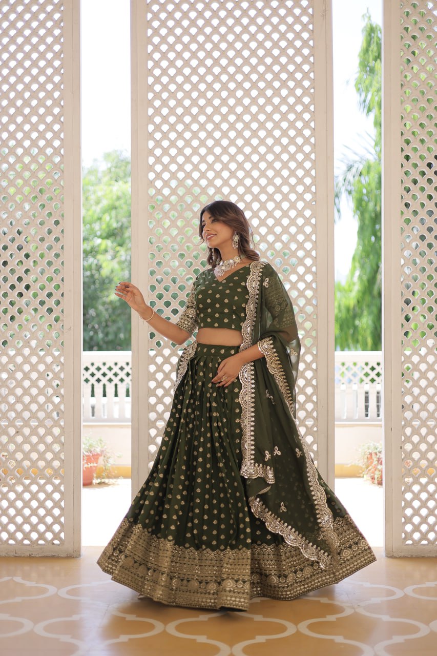 Lorenvalley Green Pure Viscose Jacquard with Double Zari work Lehenga Choli | Swadesiicart