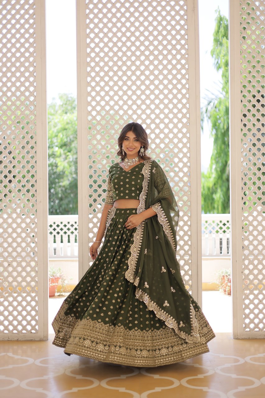 Lorenvalley Green Pure Viscose Jacquard with Double Zari work Lehenga Choli | Swadesiicart
