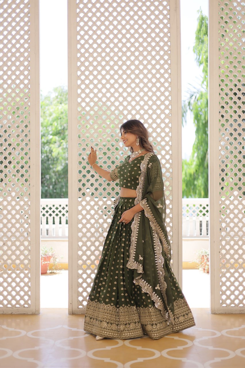 Lorenvalley Green Pure Viscose Jacquard with Double Zari work Lehenga Choli | Swadesiicart