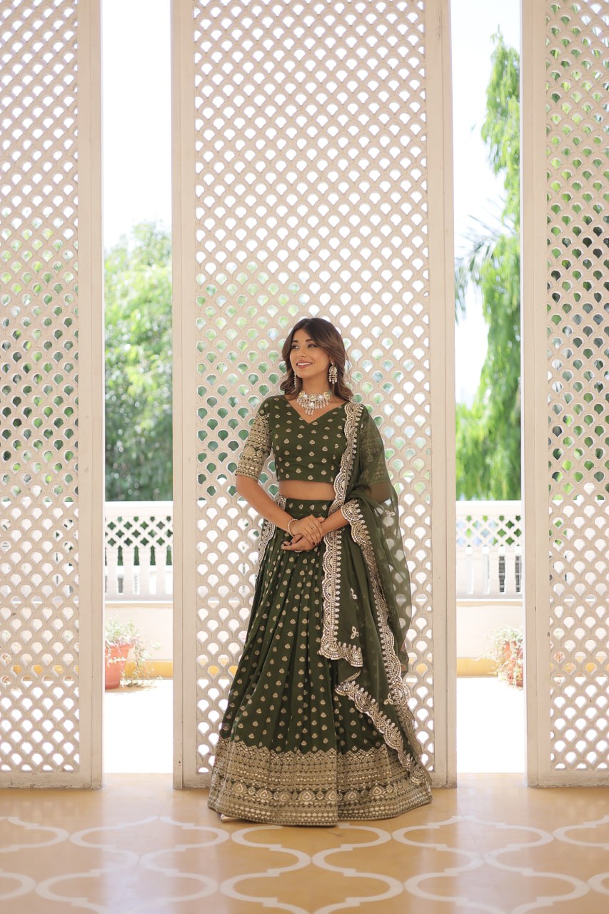 Lorenvalley Green Pure Viscose Jacquard with Double Zari work Lehenga Choli | Swadesiicart