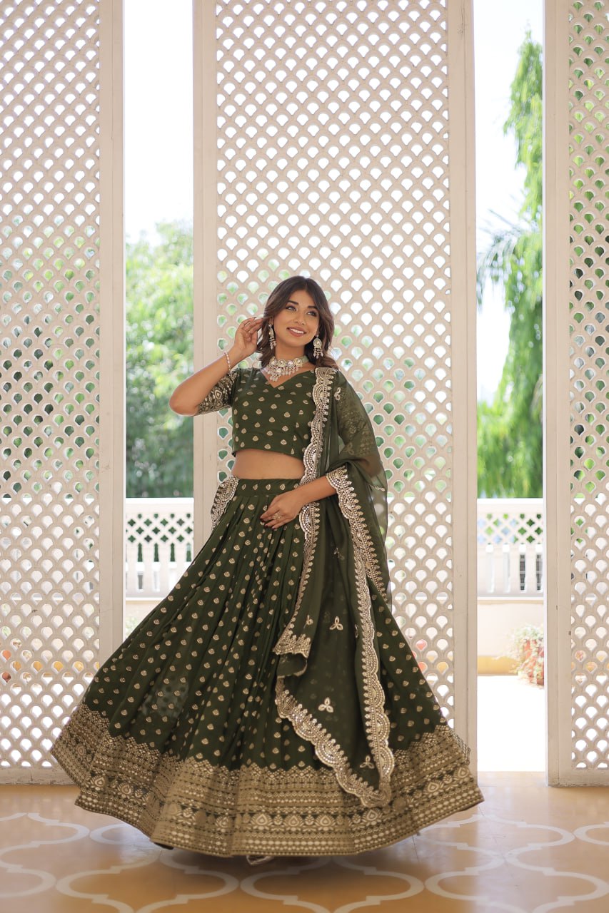 Lorenvalley Green Pure Viscose Jacquard with Double Zari work Lehenga Choli | Swadesiicart