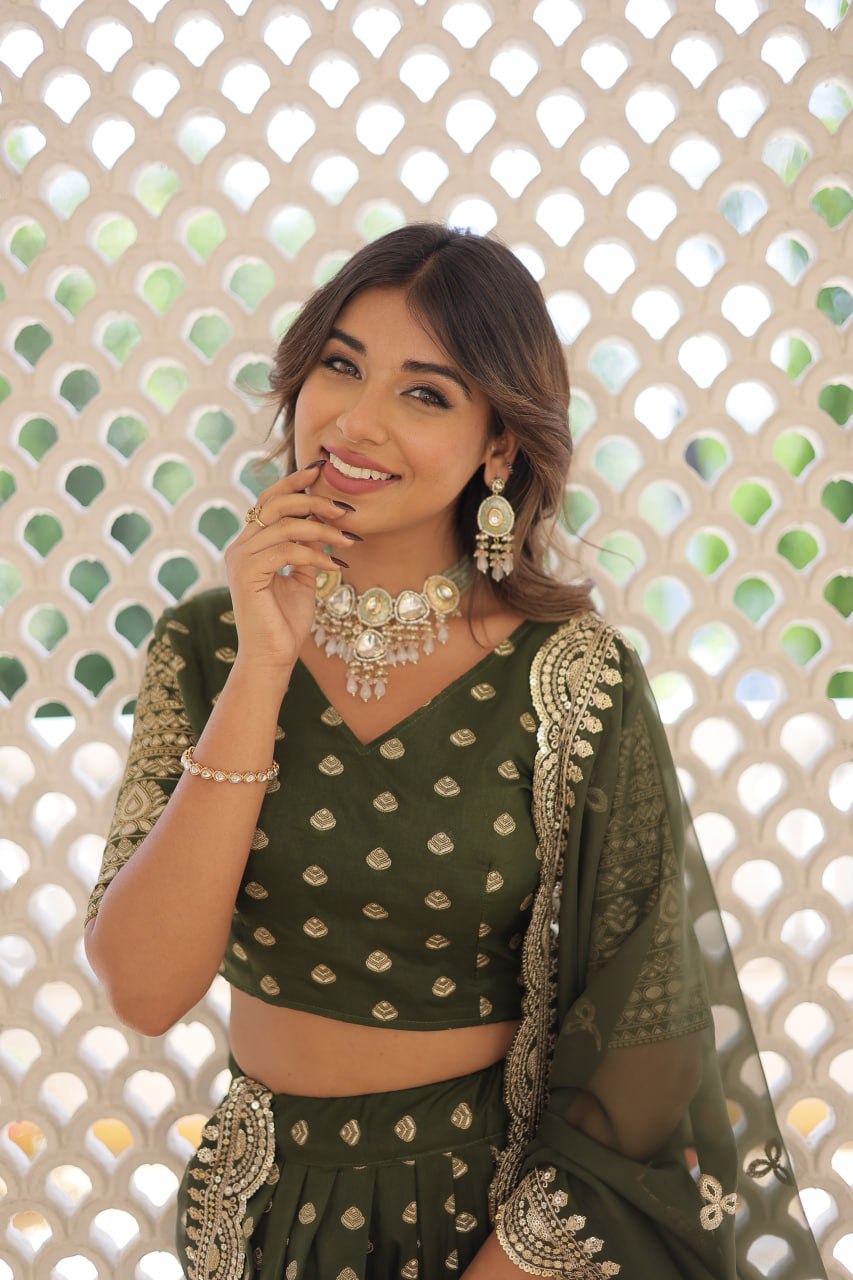 Lorenvalley Green Pure Viscose Jacquard with Double Zari work Lehenga Choli | Swadesiicart