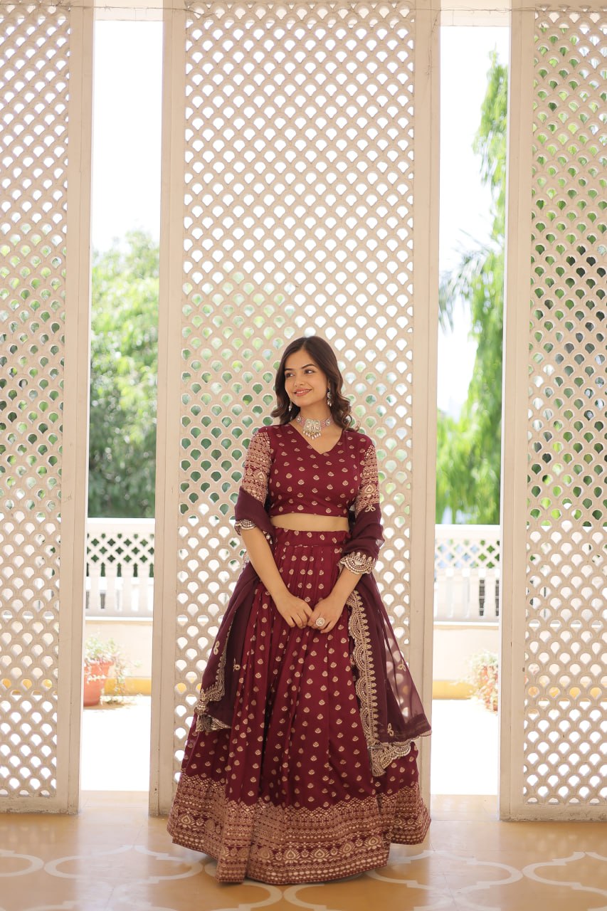 Lorenvalley Maroon Pure Viscose Jacquard with Double Zari work Lehenga Choli | Swadesiicart