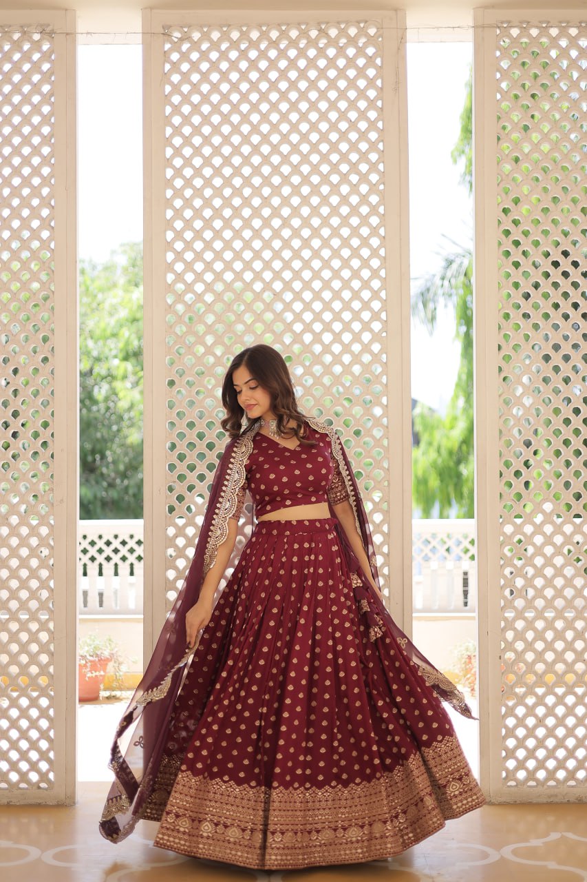 Lorenvalley Maroon Pure Viscose Jacquard with Double Zari work Lehenga Choli | Swadesiicart