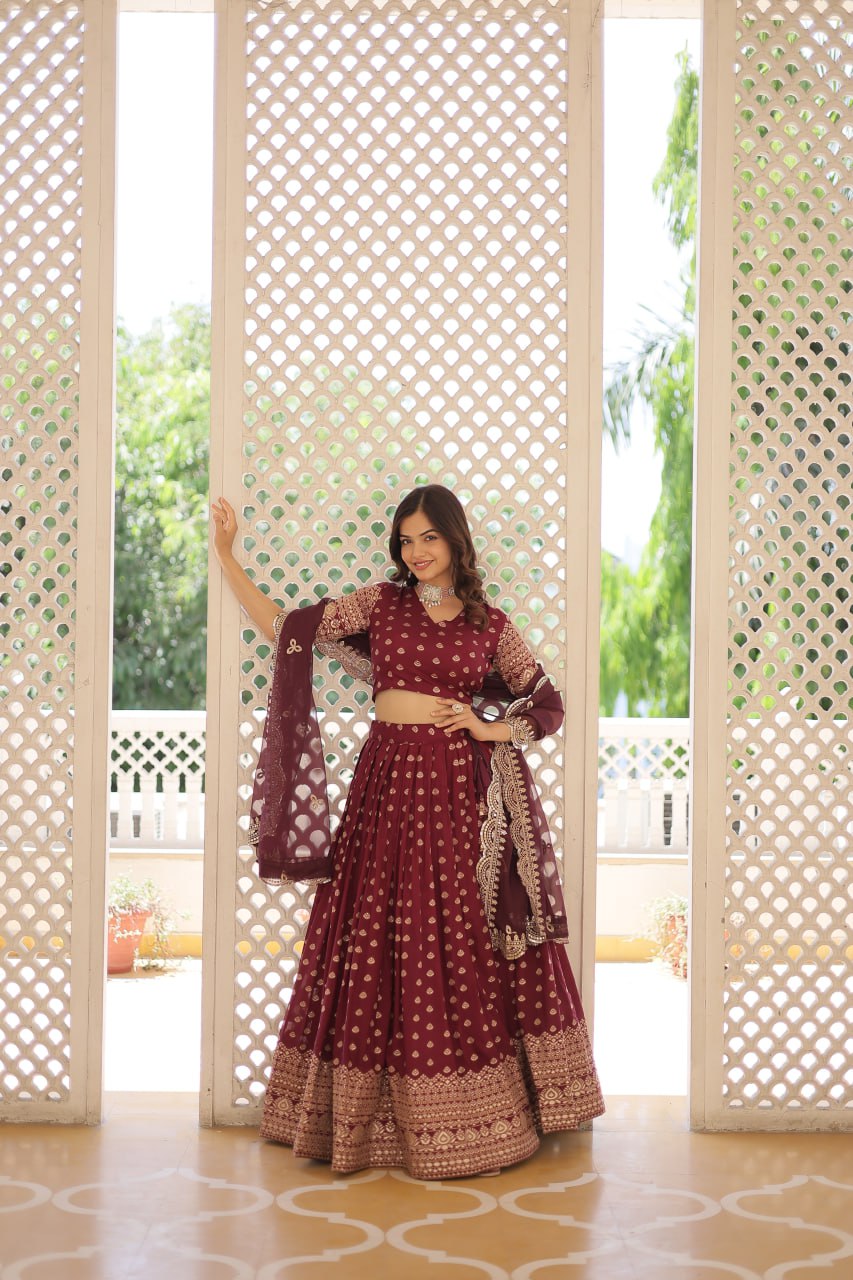Lorenvalley Maroon Pure Viscose Jacquard with Double Zari work Lehenga Choli | Swadesiicart