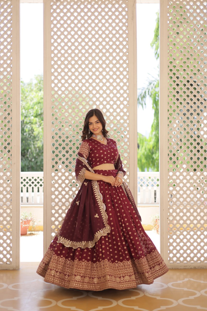 Lorenvalley Maroon Pure Viscose Jacquard with Double Zari work Lehenga Choli | Swadesiicart
