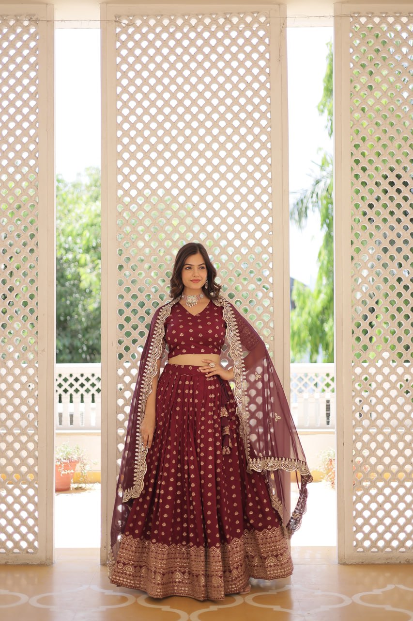 Lorenvalley Maroon Pure Viscose Jacquard with Double Zari work Lehenga Choli | Swadesiicart