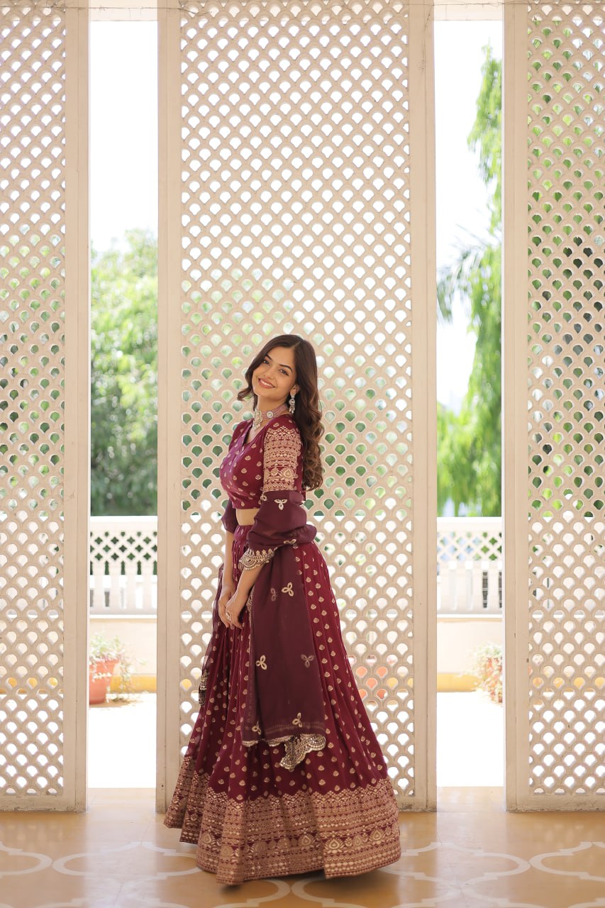 Lorenvalley Maroon Pure Viscose Jacquard with Double Zari work Lehenga Choli | Swadesiicart