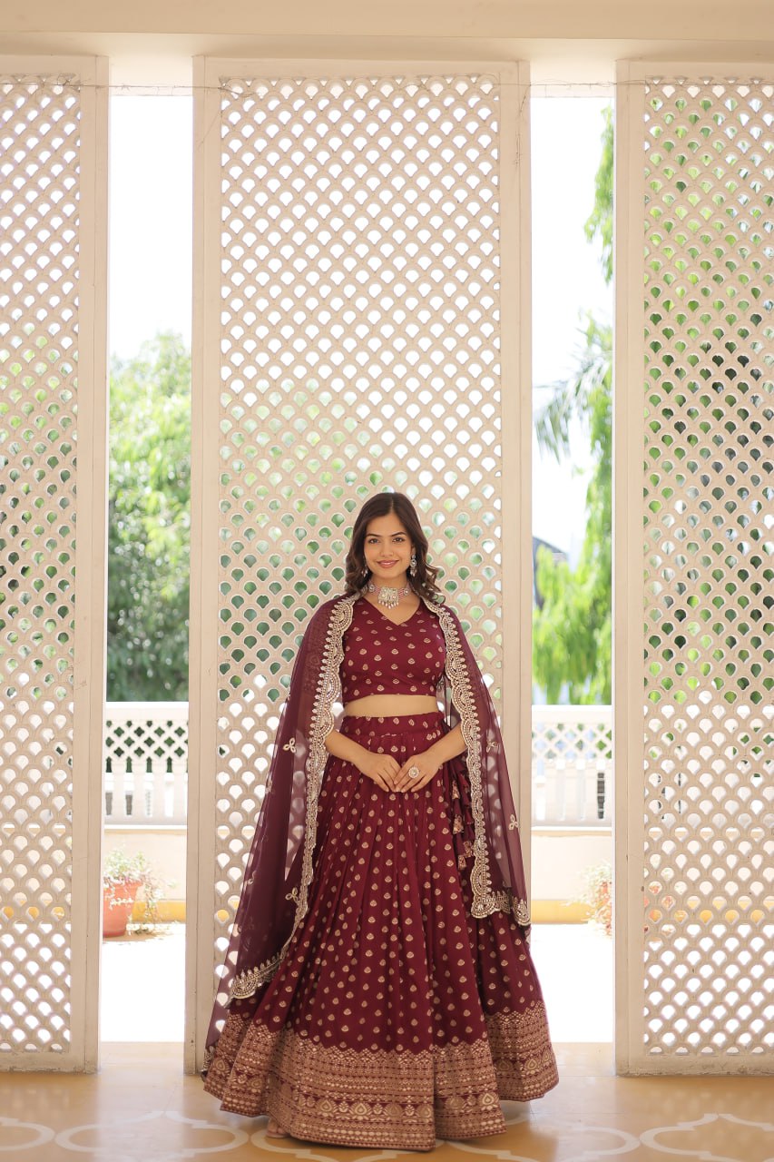 Lorenvalley Maroon Pure Viscose Jacquard with Double Zari work Lehenga Choli | Swadesiicart