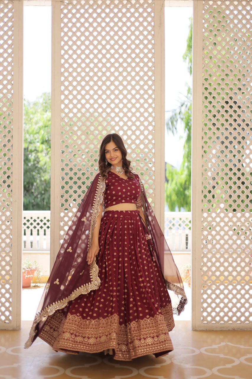 Lorenvalley Maroon Pure Viscose Jacquard with Double Zari work Lehenga Choli | Swadesiicart