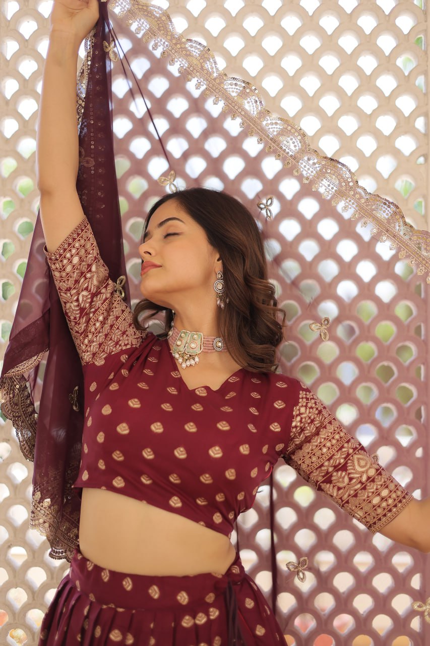Lorenvalley Maroon Pure Viscose Jacquard with Double Zari work Lehenga Choli | Swadesiicart