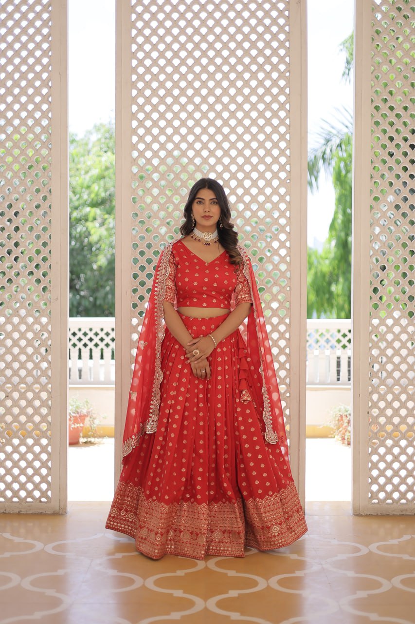 Lorenvalley Red Pure Viscose Jacquard with Double Zari work Lehenga Choli | Swadesiicart