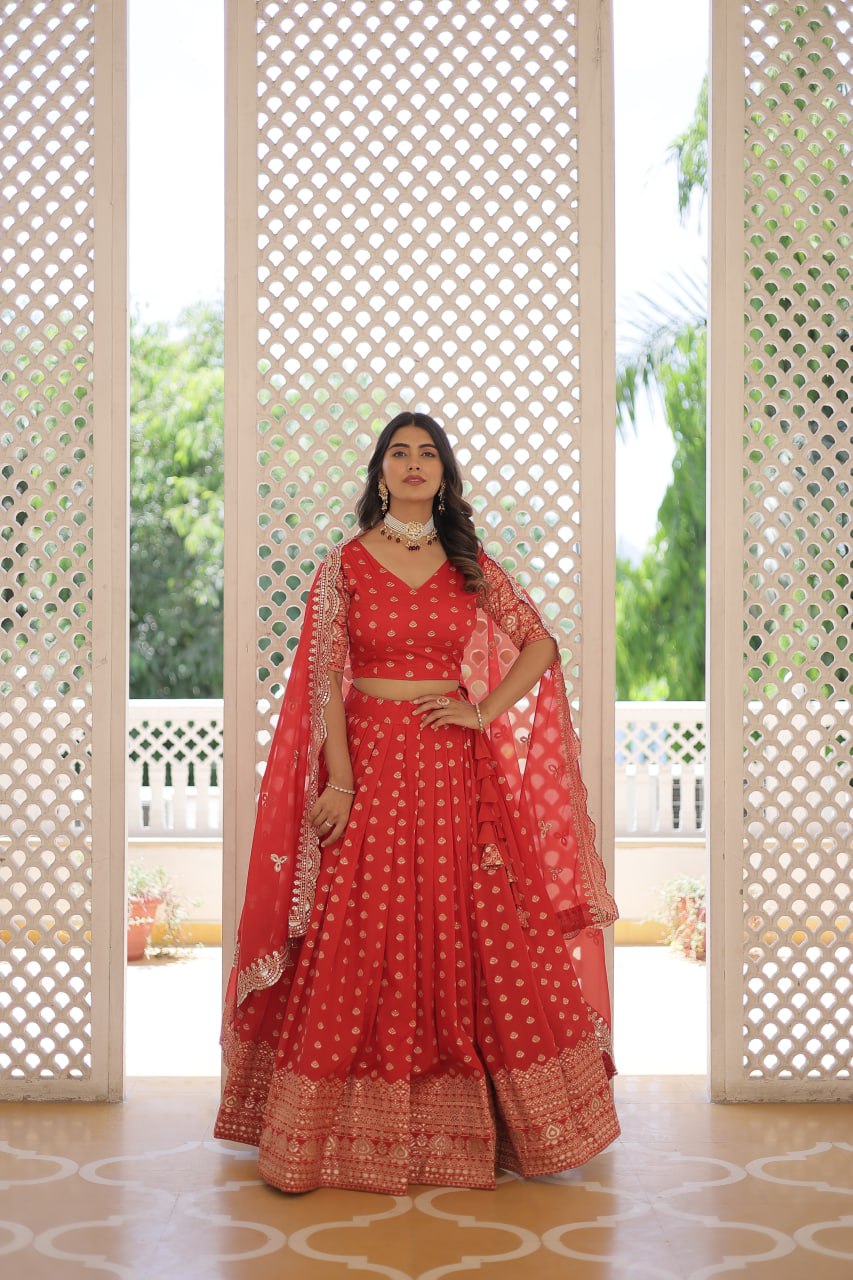 Lorenvalley Red Pure Viscose Jacquard with Double Zari work Lehenga Choli | Swadesiicart