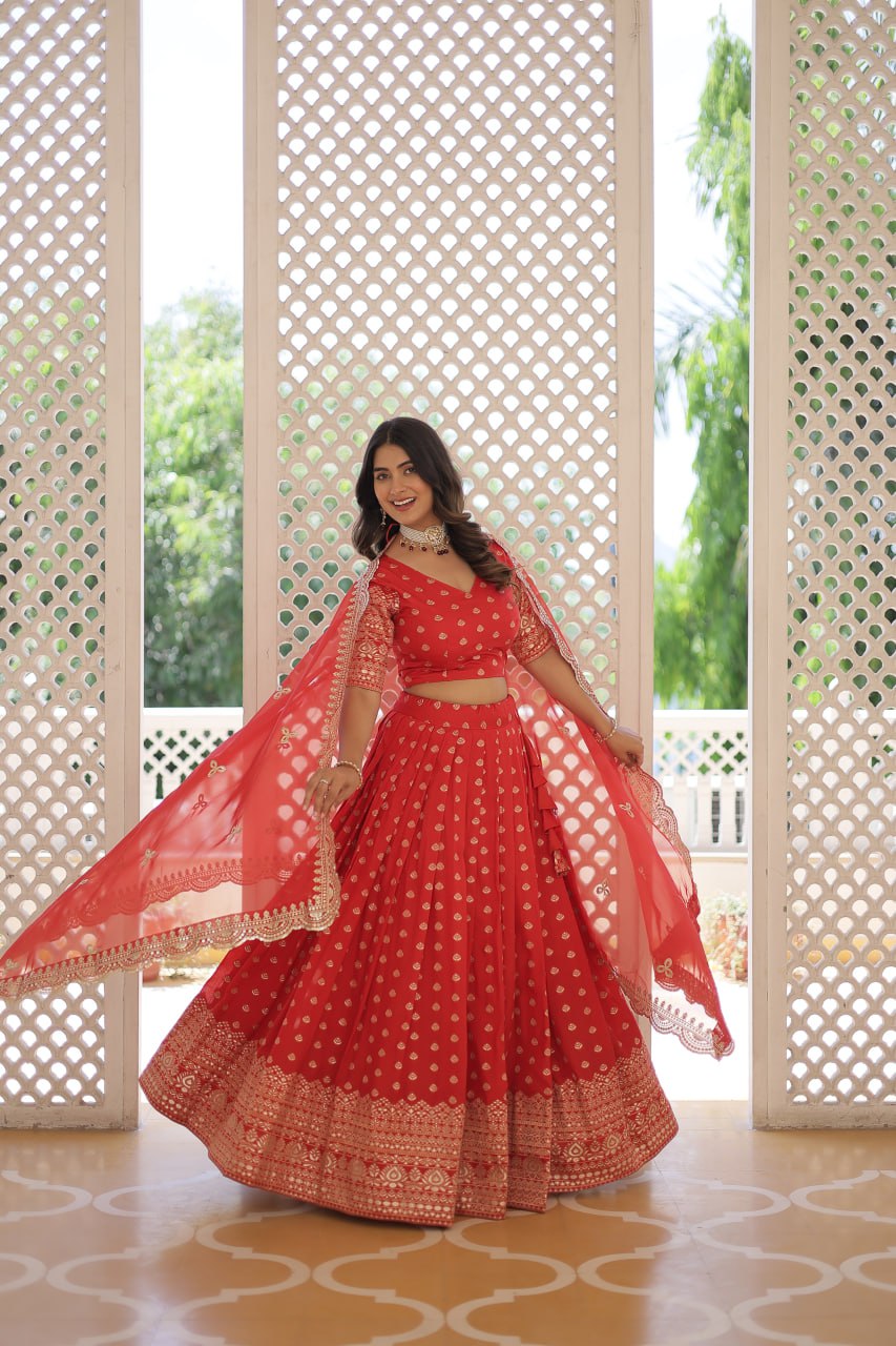 Lorenvalley Red Pure Viscose Jacquard with Double Zari work Lehenga Choli | Swadesiicart