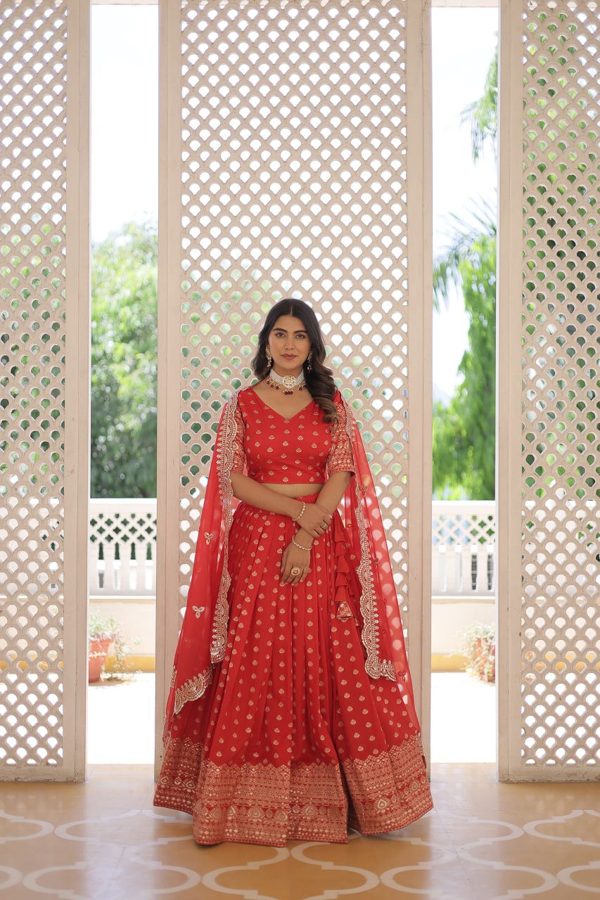 Lorenvalley Red Pure Viscose Jacquard with Double Zari work Lehenga Choli | Swadesiicart