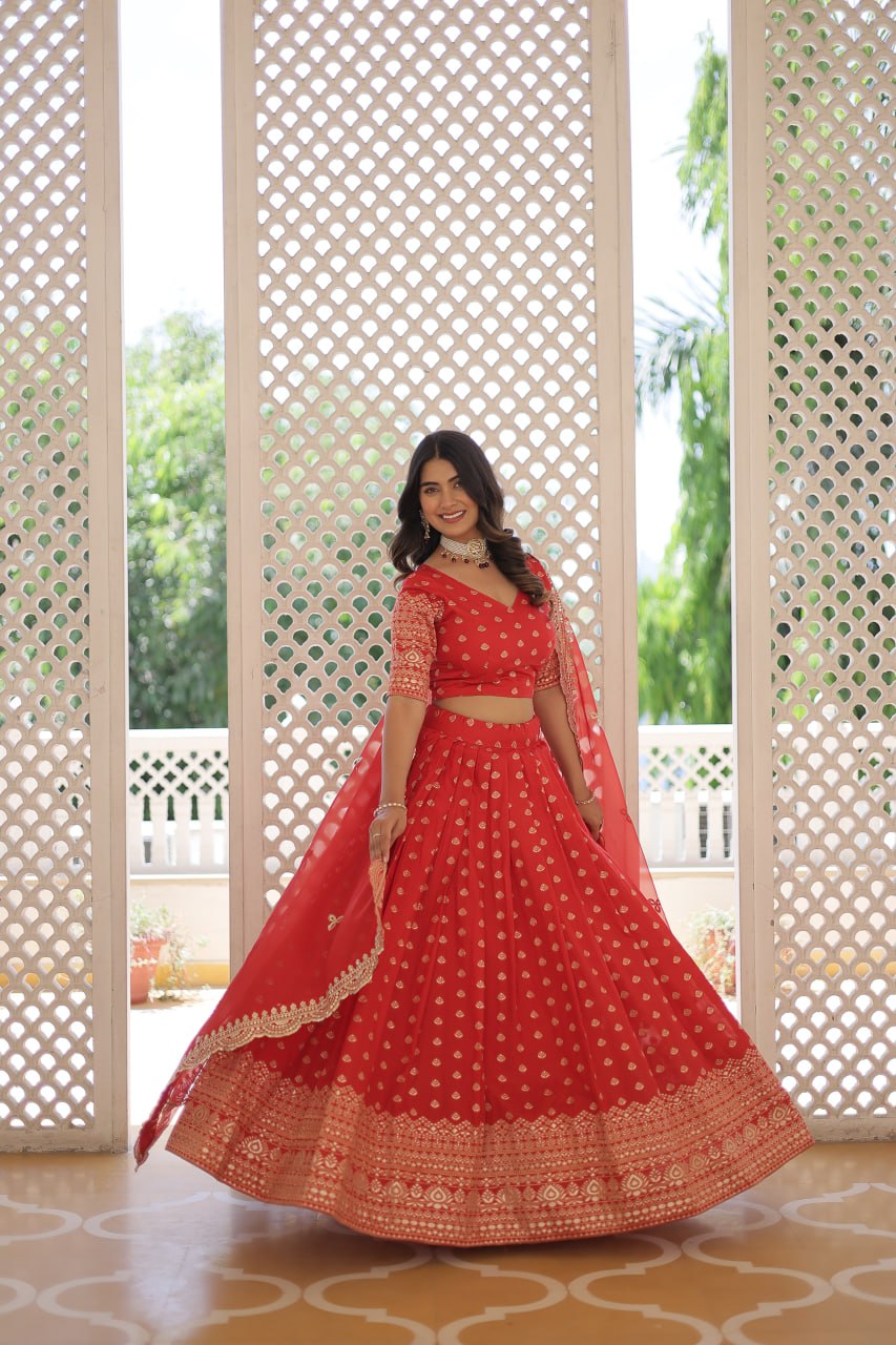 Lorenvalley Red Pure Viscose Jacquard with Double Zari work Lehenga Choli | Swadesiicart