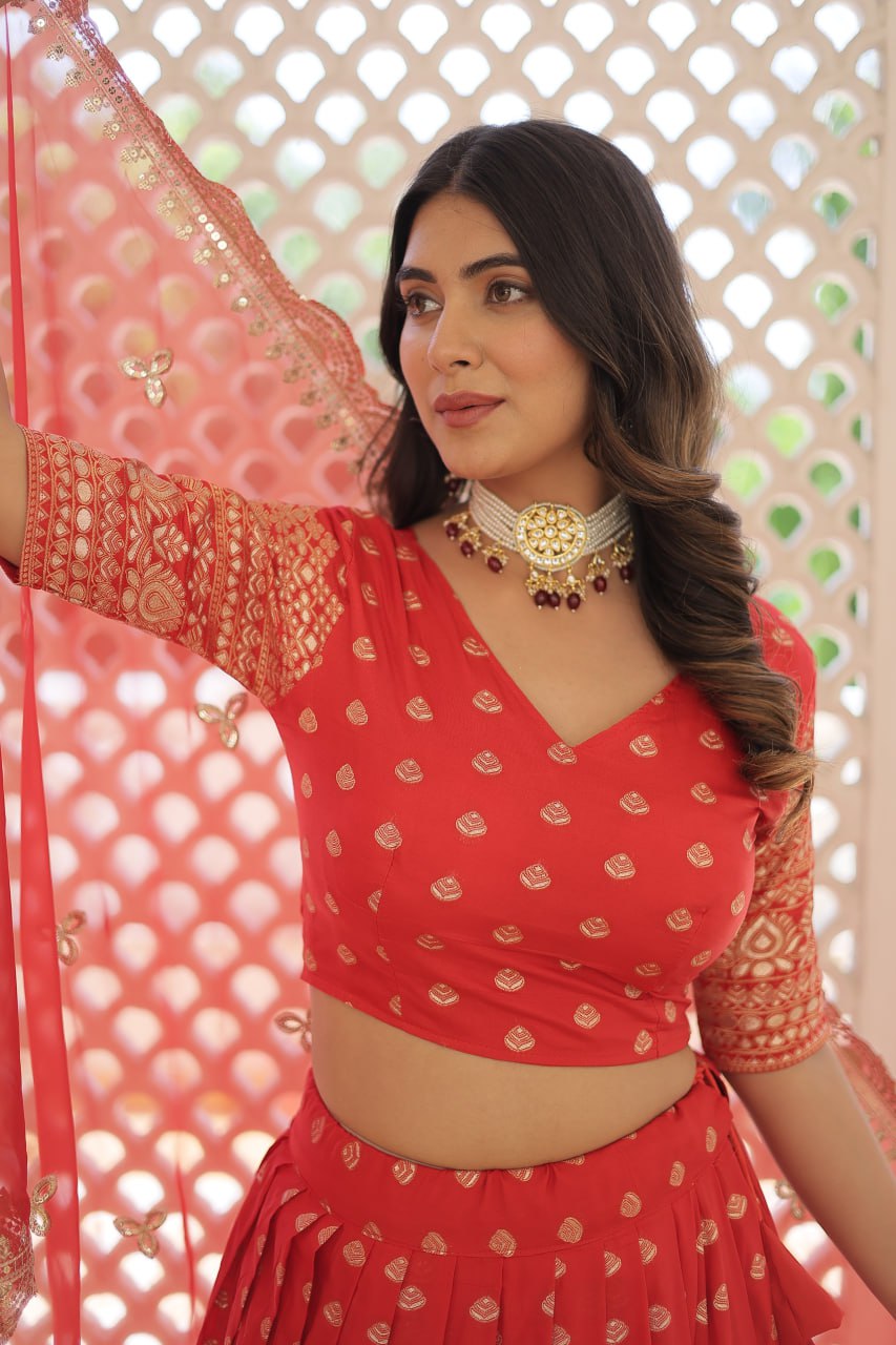 Lorenvalley Red Pure Viscose Jacquard with Double Zari work Lehenga Choli | Swadesiicart