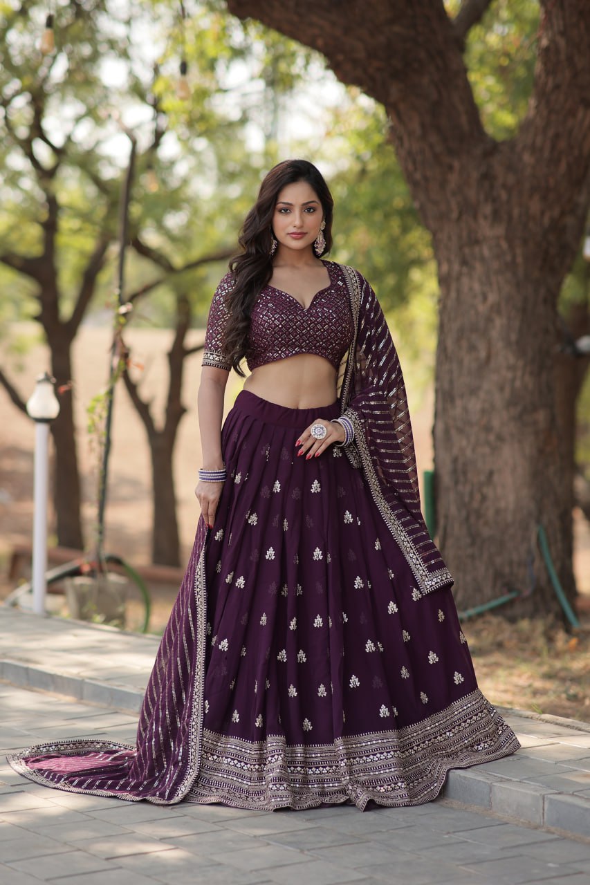 Lorenvalley Purple Faux Blooming Georgette with Sequins & Thread Embroidered work Lehenga Choli | Swadesiicart