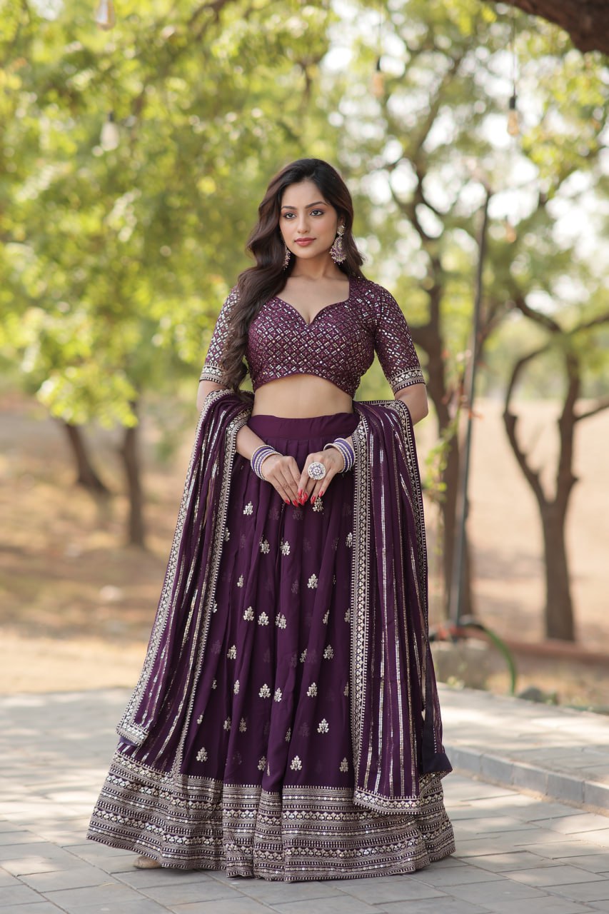 Lorenvalley Purple Faux Blooming Georgette with Sequins & Thread Embroidered work Lehenga Choli | Swadesiicart
