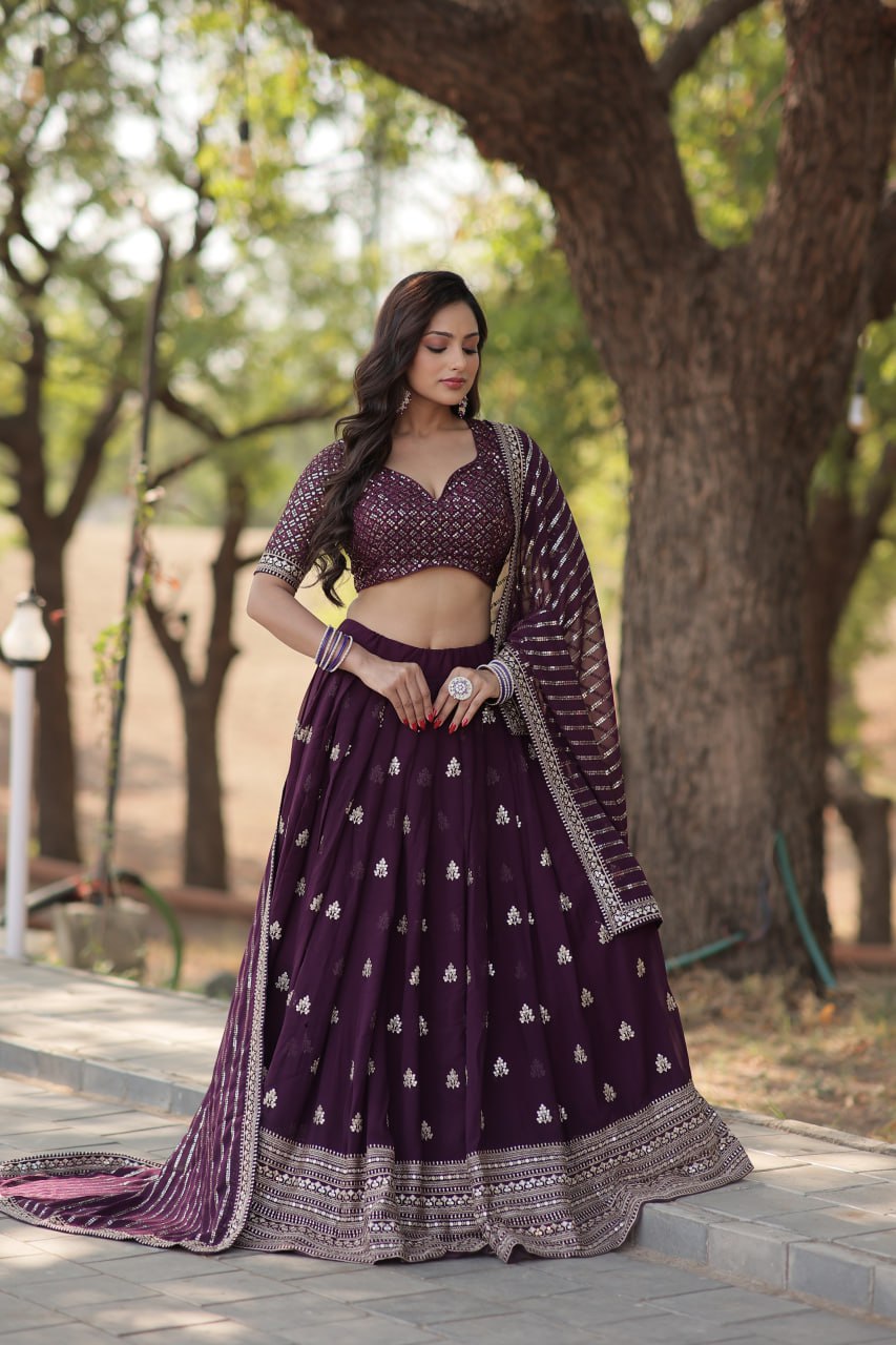 Lorenvalley Purple Faux Blooming Georgette with Sequins & Thread Embroidered work Lehenga Choli | Swadesiicart