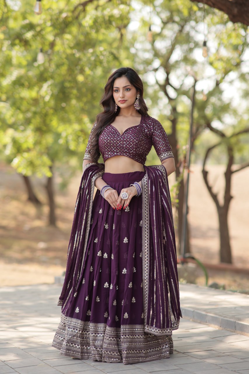 Lorenvalley Purple Faux Blooming Georgette with Sequins & Thread Embroidered work Lehenga Choli | Swadesiicart