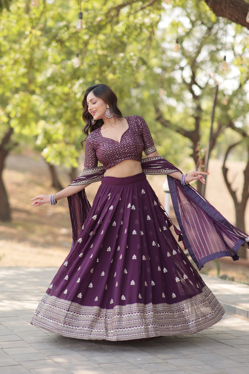 Lorenvalley Purple Faux Blooming Georgette with Sequins & Thread Embroidered work Lehenga Choli | Swadesiicart