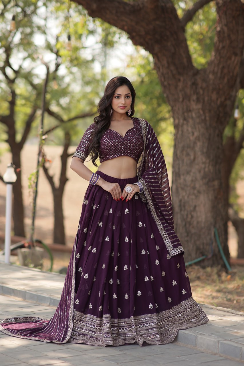 Lorenvalley Purple Faux Blooming Georgette with Sequins & Thread Embroidered work Lehenga Choli | Swadesiicart