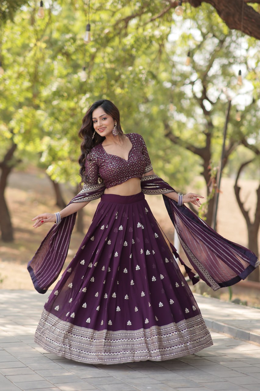 Lorenvalley Purple Faux Blooming Georgette with Sequins & Thread Embroidered work Lehenga Choli | Swadesiicart