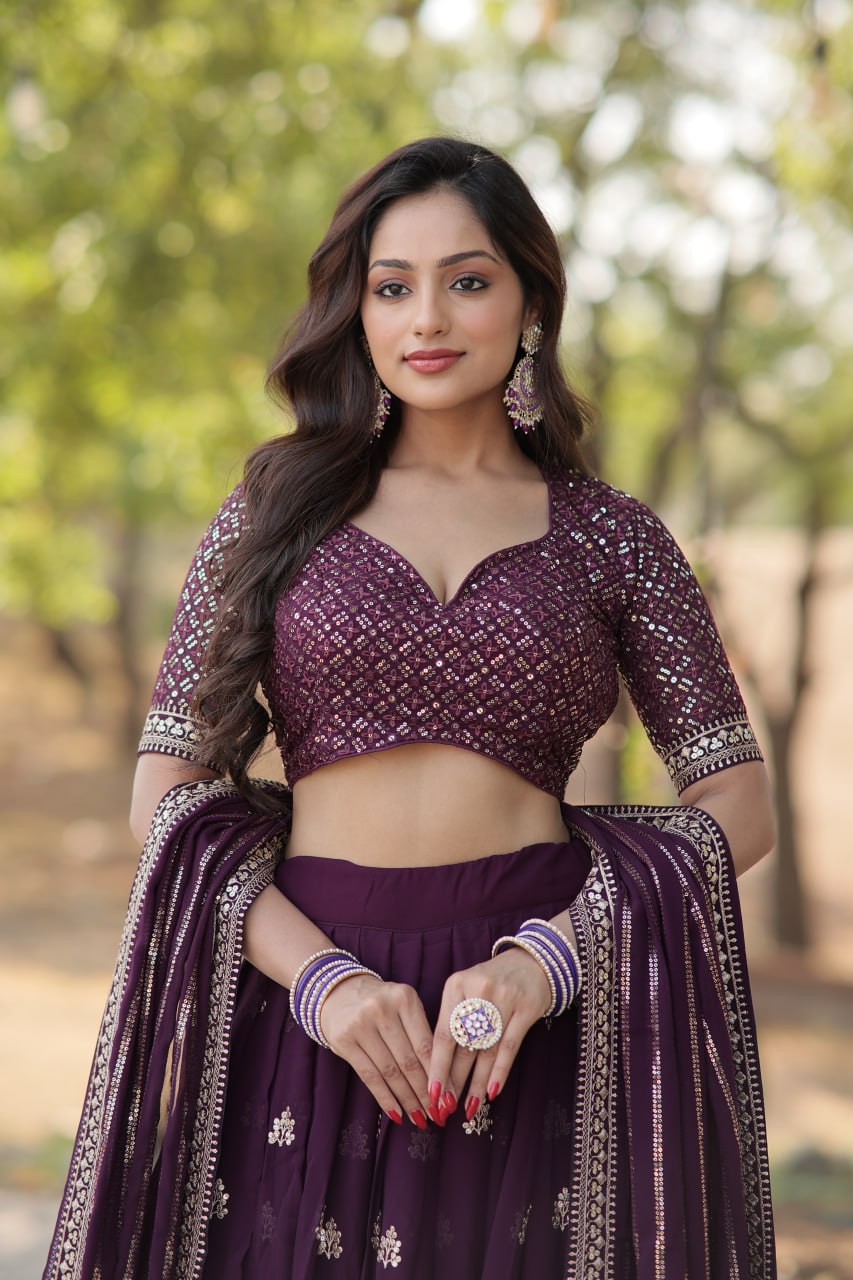 Lorenvalley Purple Faux Blooming Georgette with Sequins & Thread Embroidered work Lehenga Choli | Swadesiicart