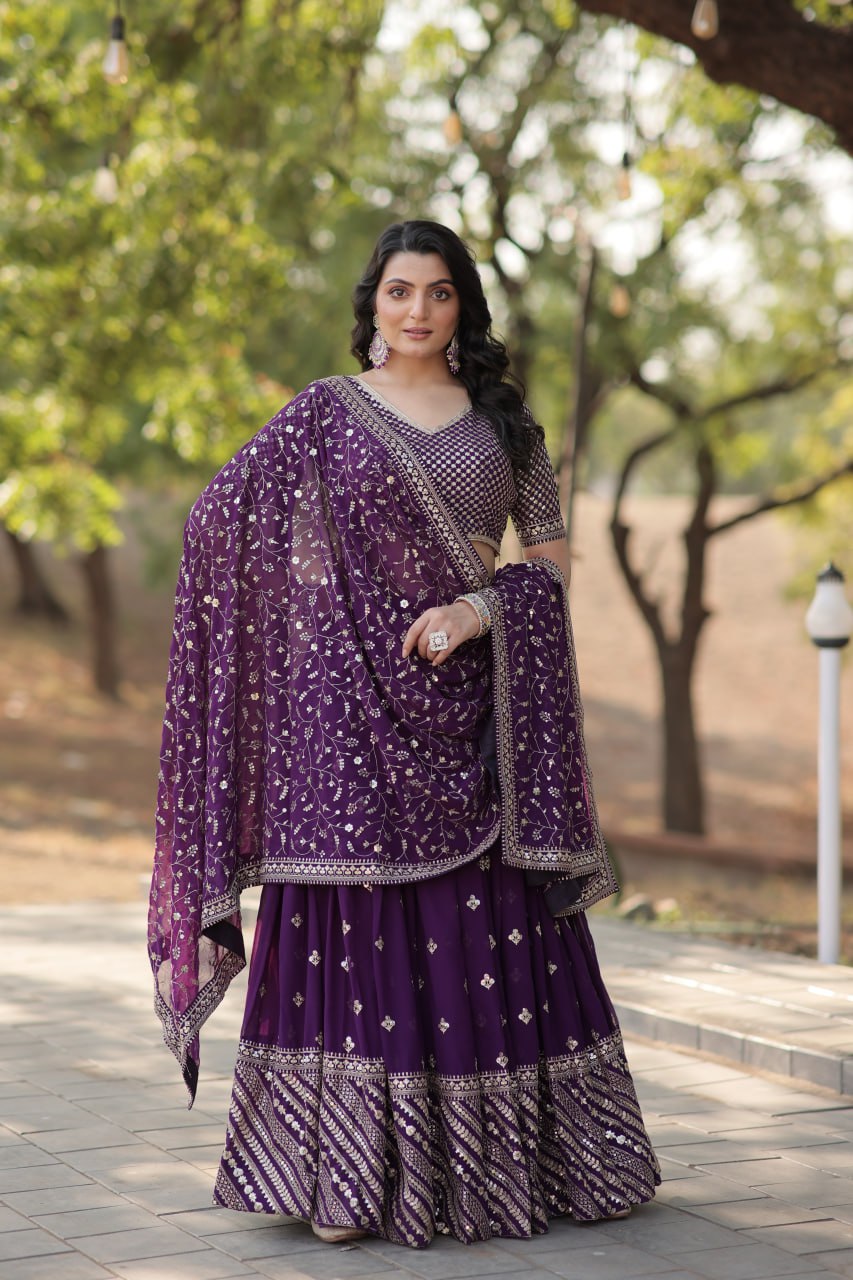 Lorenvalley Purple Faux Blooming Georgette with Sequins & Thread Embroidered work Lehenga Choli | Swadesiicart