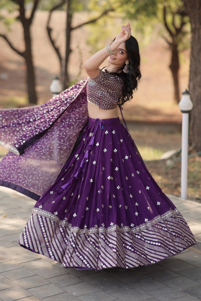 Lorenvalley Purple Faux Blooming Georgette with Sequins & Thread Embroidered work Lehenga Choli | Swadesiicart