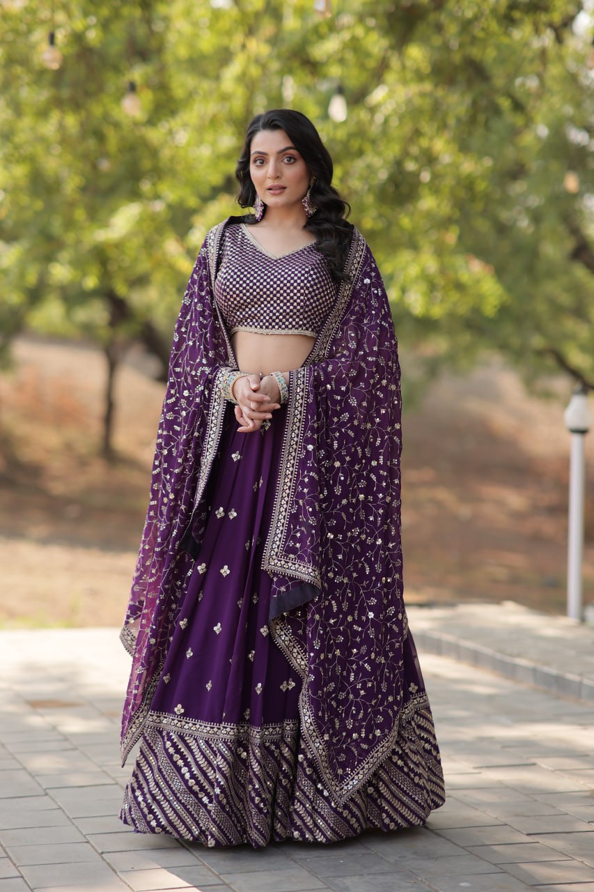 Lorenvalley Purple Faux Blooming Georgette with Sequins & Thread Embroidered work Lehenga Choli | Swadesiicart