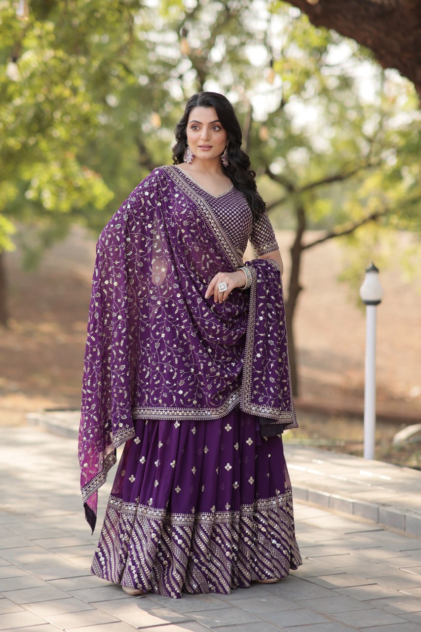 Lorenvalley Purple Faux Blooming Georgette with Sequins & Thread Embroidered work Lehenga Choli | Swadesiicart