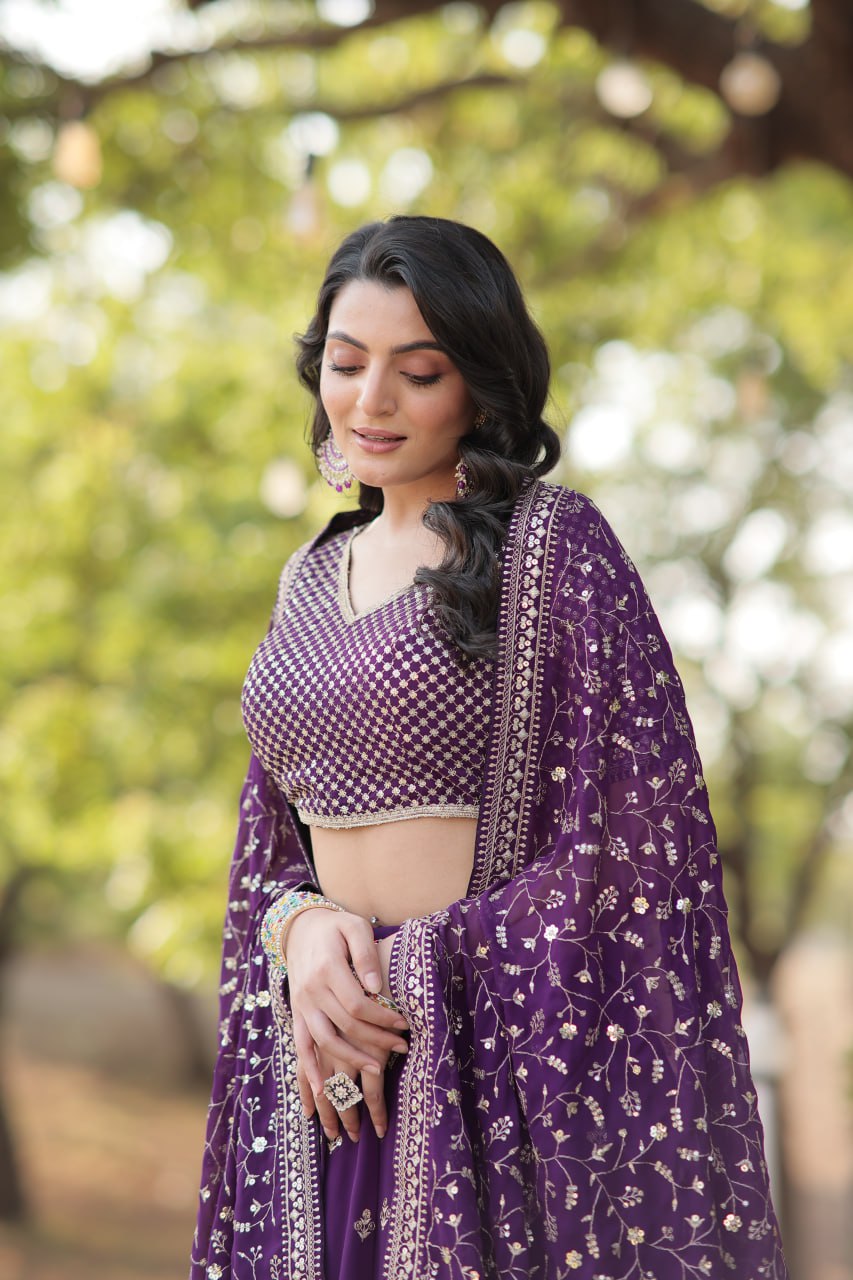 Lorenvalley Purple Faux Blooming Georgette with Sequins & Thread Embroidered work Lehenga Choli | Swadesiicart