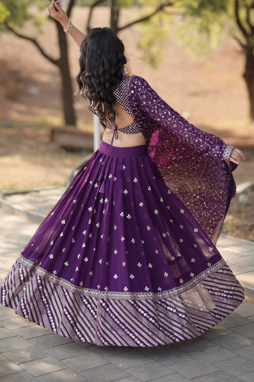 Lorenvalley Purple Faux Blooming Georgette with Sequins & Thread Embroidered work Lehenga Choli | Swadesiicart