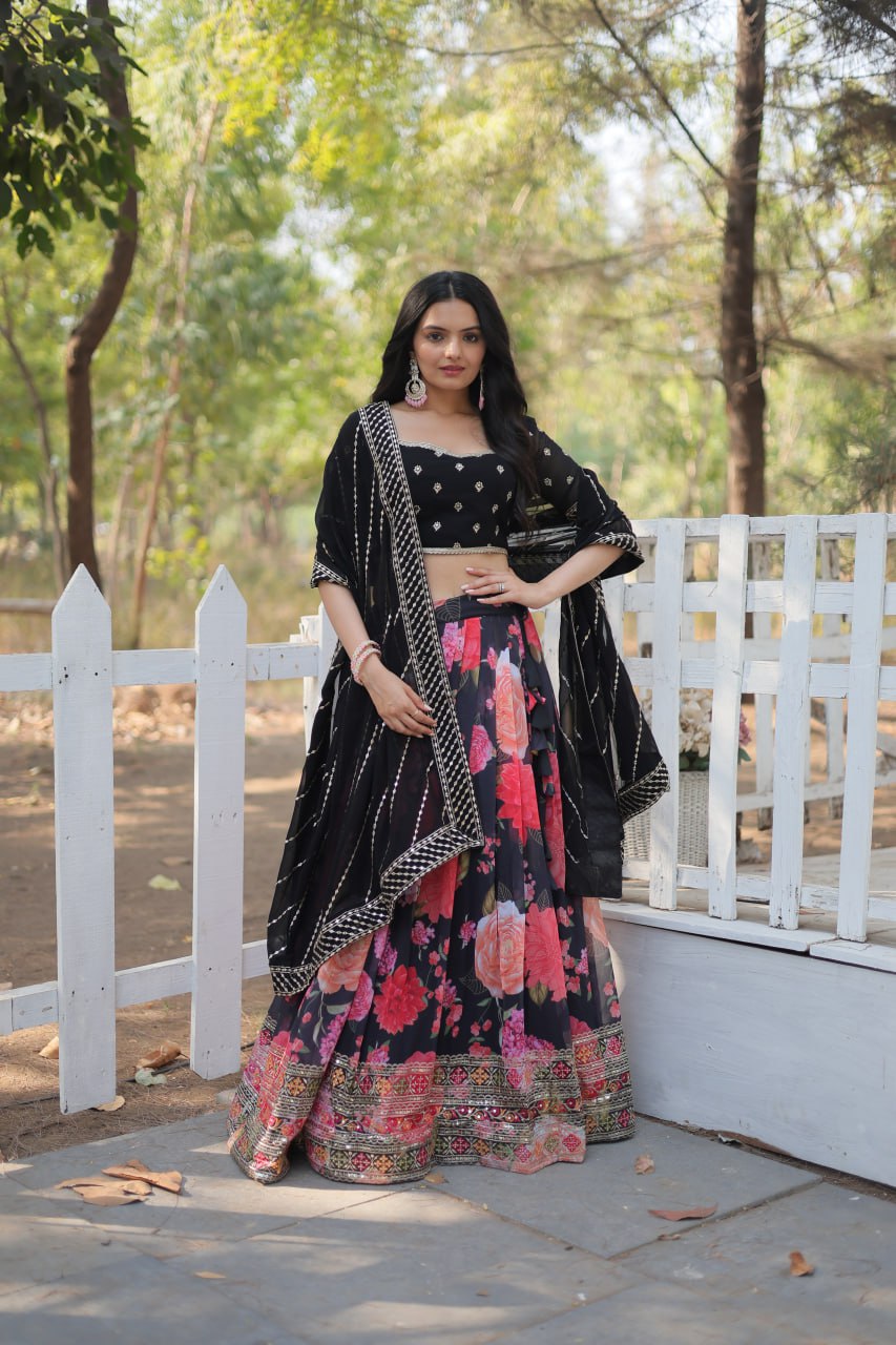 Lorenvalley Black Faux Georgette Digital Printed with Sequins & Thread Embroidered work Lehenga Choli | Swadesiicart