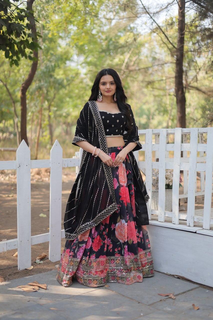 Lorenvalley Black Faux Georgette Digital Printed with Sequins & Thread Embroidered work Lehenga Choli | Swadesiicart
