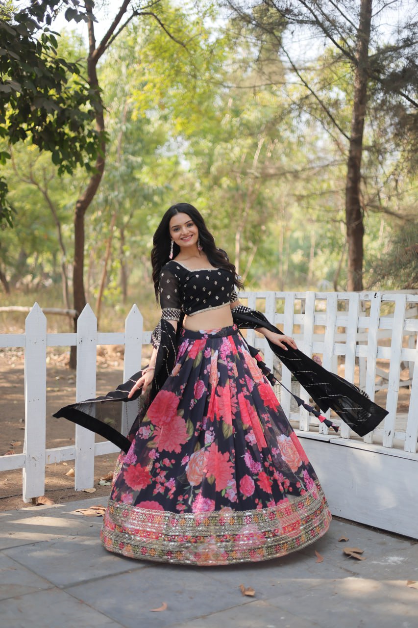 Lorenvalley Black Faux Georgette Digital Printed with Sequins & Thread Embroidered work Lehenga Choli | Swadesiicart