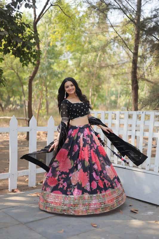Lorenvalley Black Faux Georgette Digital Printed with Sequins & Thread Embroidered work Lehenga Choli | Swadesiicart