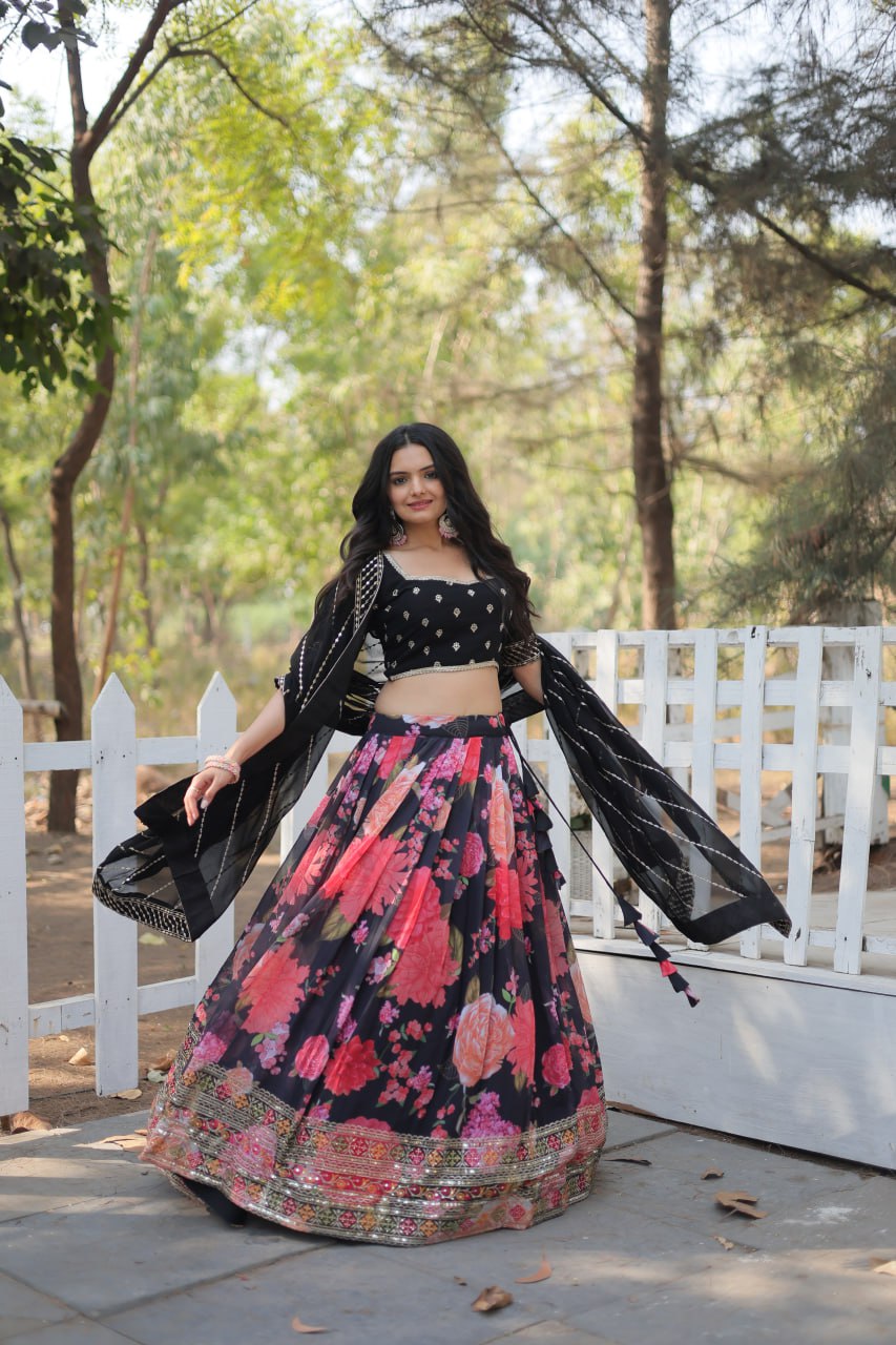 Lorenvalley Black Faux Georgette Digital Printed with Sequins & Thread Embroidered work Lehenga Choli | Swadesiicart